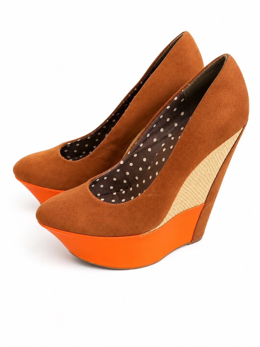 Liliana Brown Suede & Orange Platform Wedge Heels Polka Dot Lining Size 8